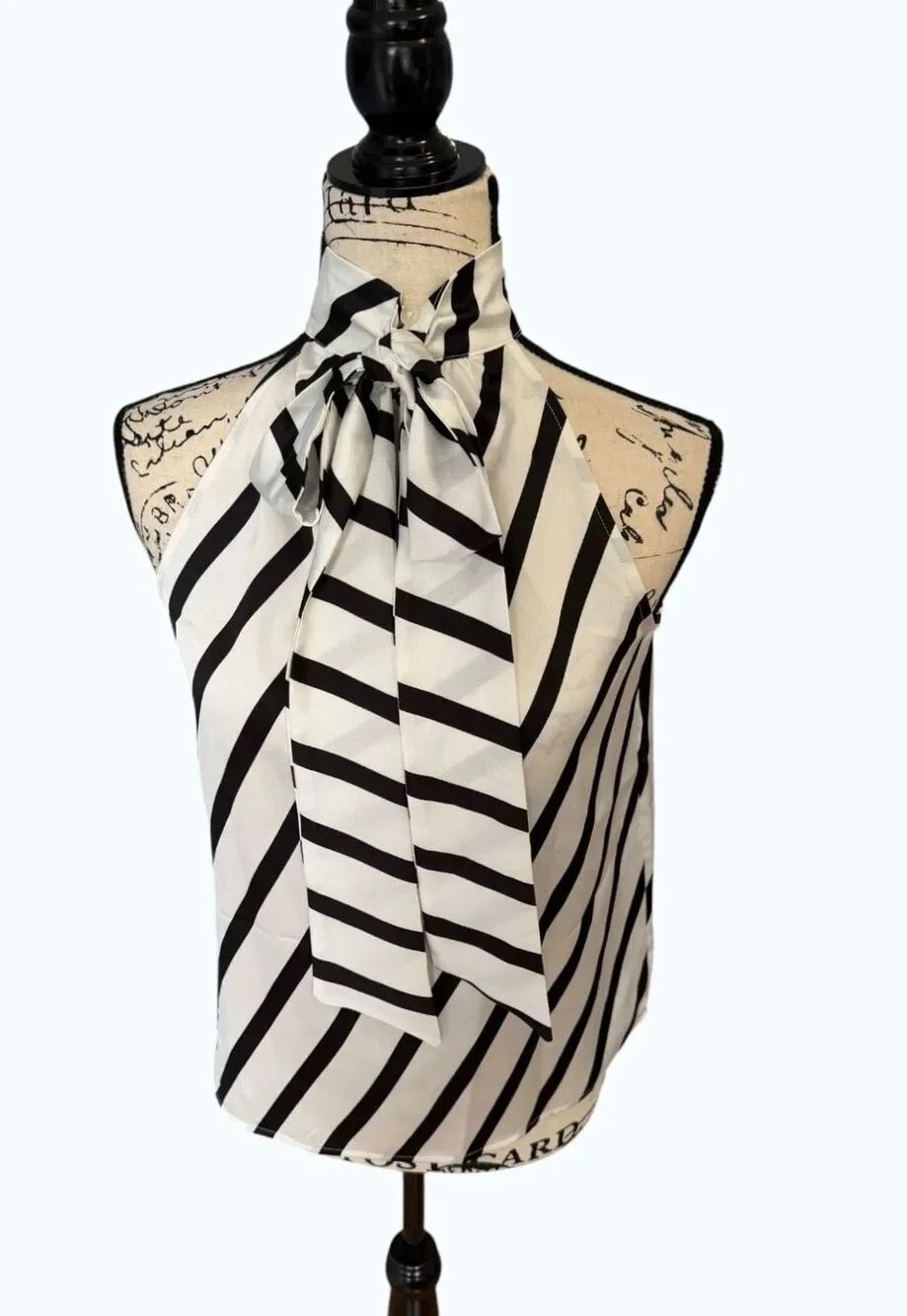 LOFT NWT Striped Halter Neck Blouse XS Black White Braided Armhole Tie Bow